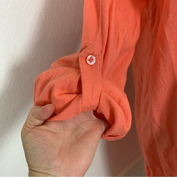 Calvin Klein Linen Blend Shirt Dress Women’s 10 Coral Roll Tab Sleeves Buttons - Picture 7 of 16